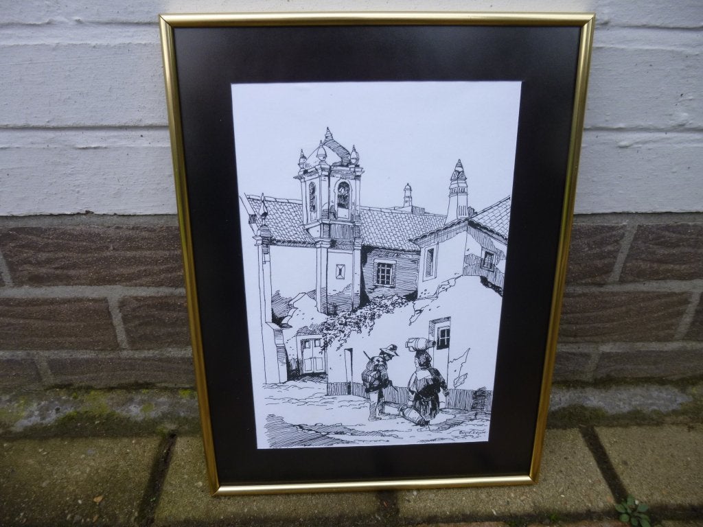 Een pentekening., Antiek en Kunst, Kunst | Tekeningen en Fotografie, Ophalen, Foto, Pentekening, Achter glas