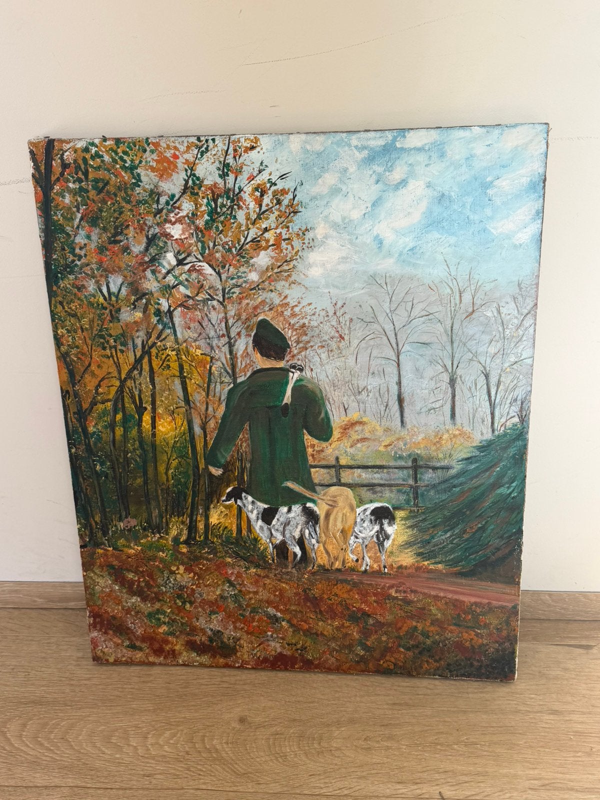 Sfeervol Olieverfschilderij Jachttafereel in Herfstbos, Antiek en Kunst, Ophalen
