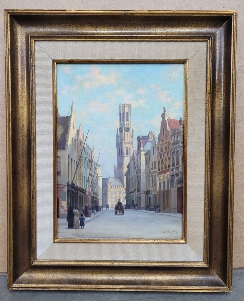 Albert GAUTIER, naar het Belfort in Brugge, Paneel, Ophalen of Verzenden, Gesigneerd, Olieverf