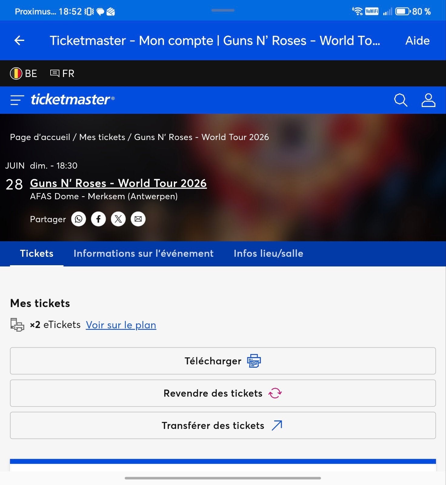 Guns N' Roses 1 ticket Anvers 28/06, Tickets & Billets