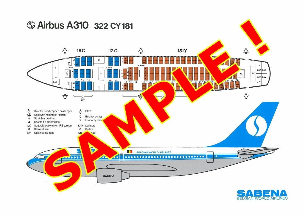 Affiche Sabena Plan sièges de l'avion Airbus A310-322 CY181, Collections, Souvenirs Sabena, Enlèvement ou Envoi, Neuf