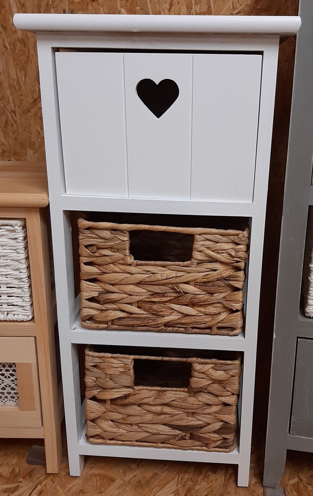 Meuble 3 tiroirs blanc et osier, Enlèvement, Comme neuf, Bois