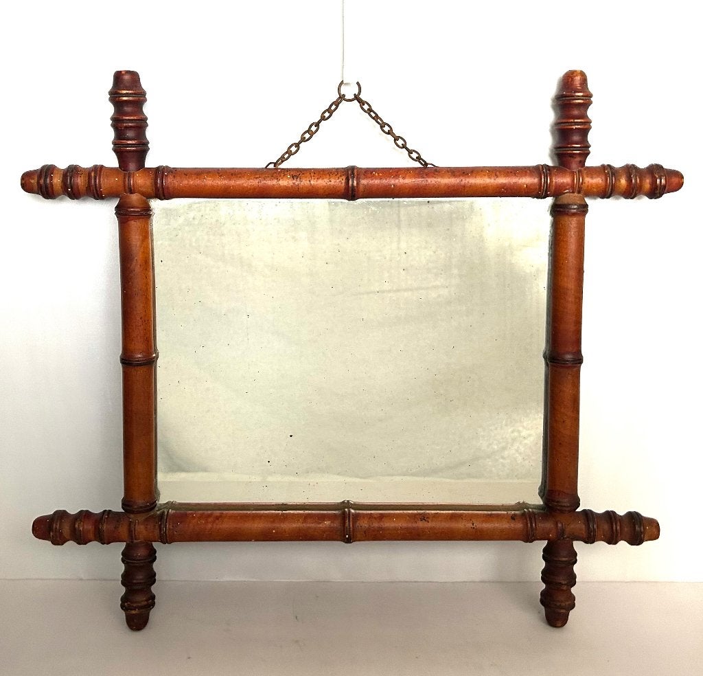 Antieke Houten Faux Bamboe Bambou Spiegel 46x41cm, Enlèvement ou Envoi