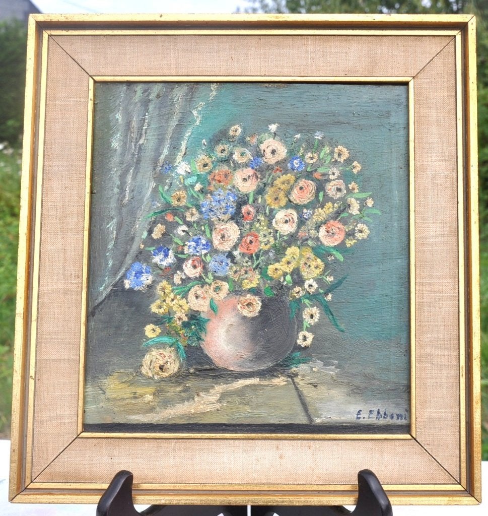 peinture sur panneau bouquet signe cadre doré, Cadre spécial, Enlèvement ou Envoi, Peinture à l'huile, Panneau