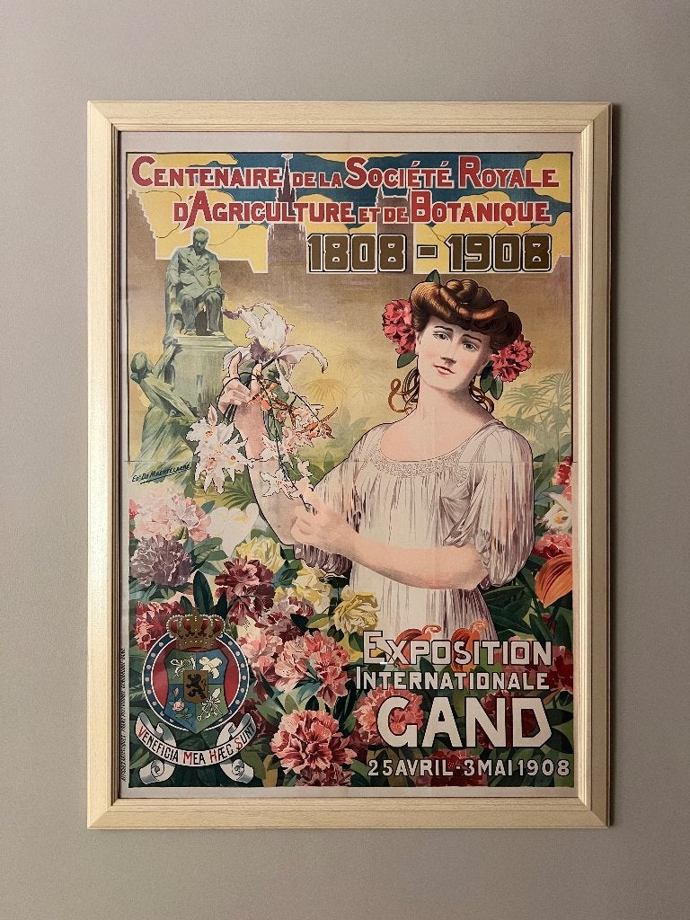 Grote affiche Gentse Floraliën 1908 – De Maertelaere, Verzamelen, Ophalen, Zo goed als nieuw, Met lijst