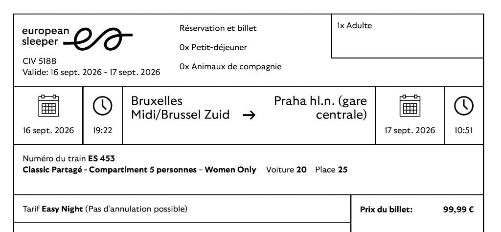 Billet train Bruxelles - Prague le 16/09, Tickets en Kaartjes, Trein, Bus en Vliegtuig, Eén persoon, Trein, Algemeen kaartje