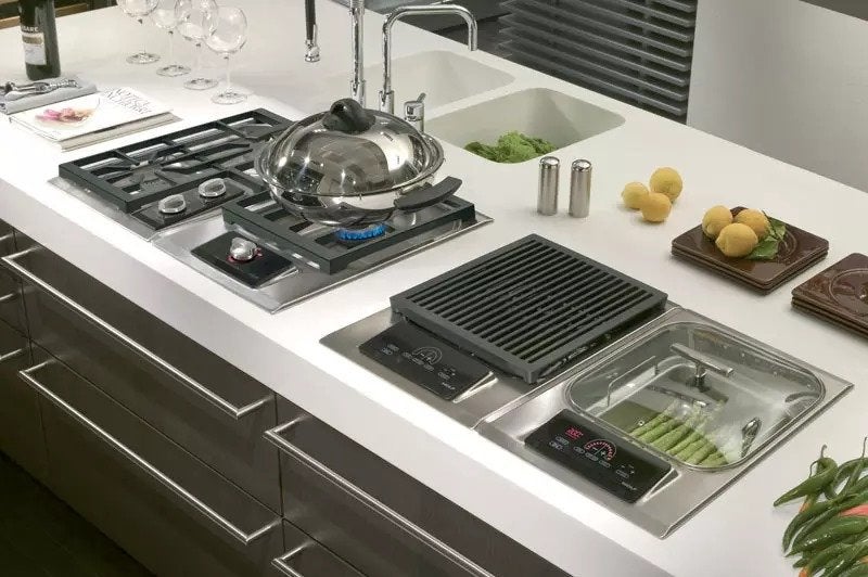 Luxe Wolf inbouw Steamer Wokbrander 2pits & elektrische gril, Elektronische apparatuur, Kookplaten, Zo goed als nieuw, Inbouw