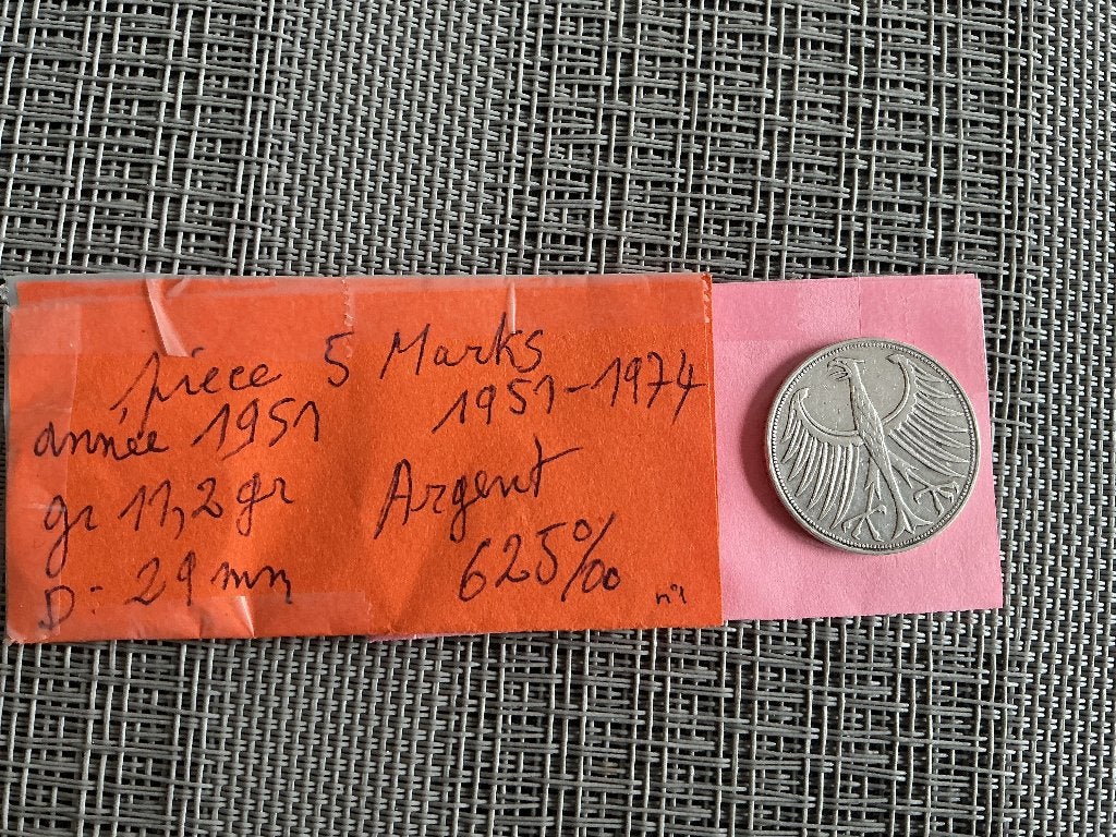Pièce argent 625/1000 année 1951 ,, 5 Marks, Enlèvement, Argent, Argent
