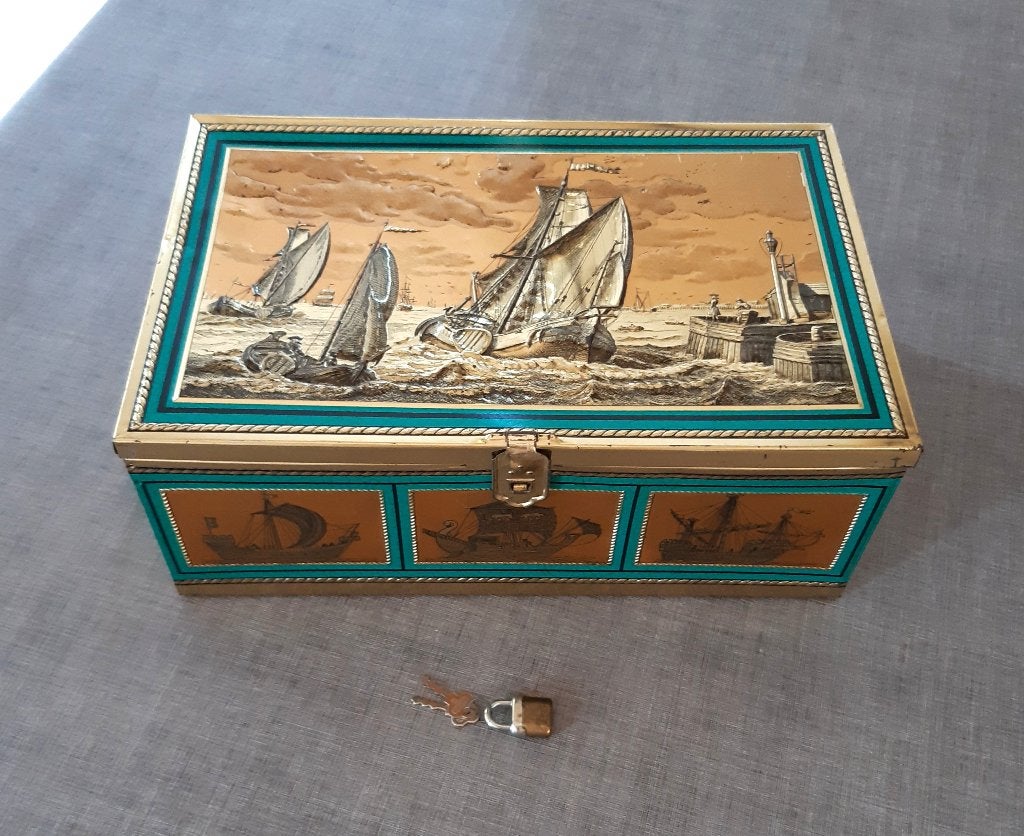 Vintage blikken kistje bewaardoos schepen + slotje, sleutels, Ophalen of Verzenden, Gebruikt