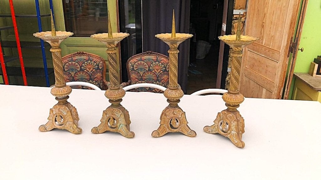 4 porte bougies XIXe siècle laiton, Antiquités & Art, Enlèvement ou Envoi