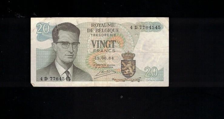 Billet belge de 20 francs - Boudewijn 15.06.64, Enlèvement ou Envoi, Billets en vrac
