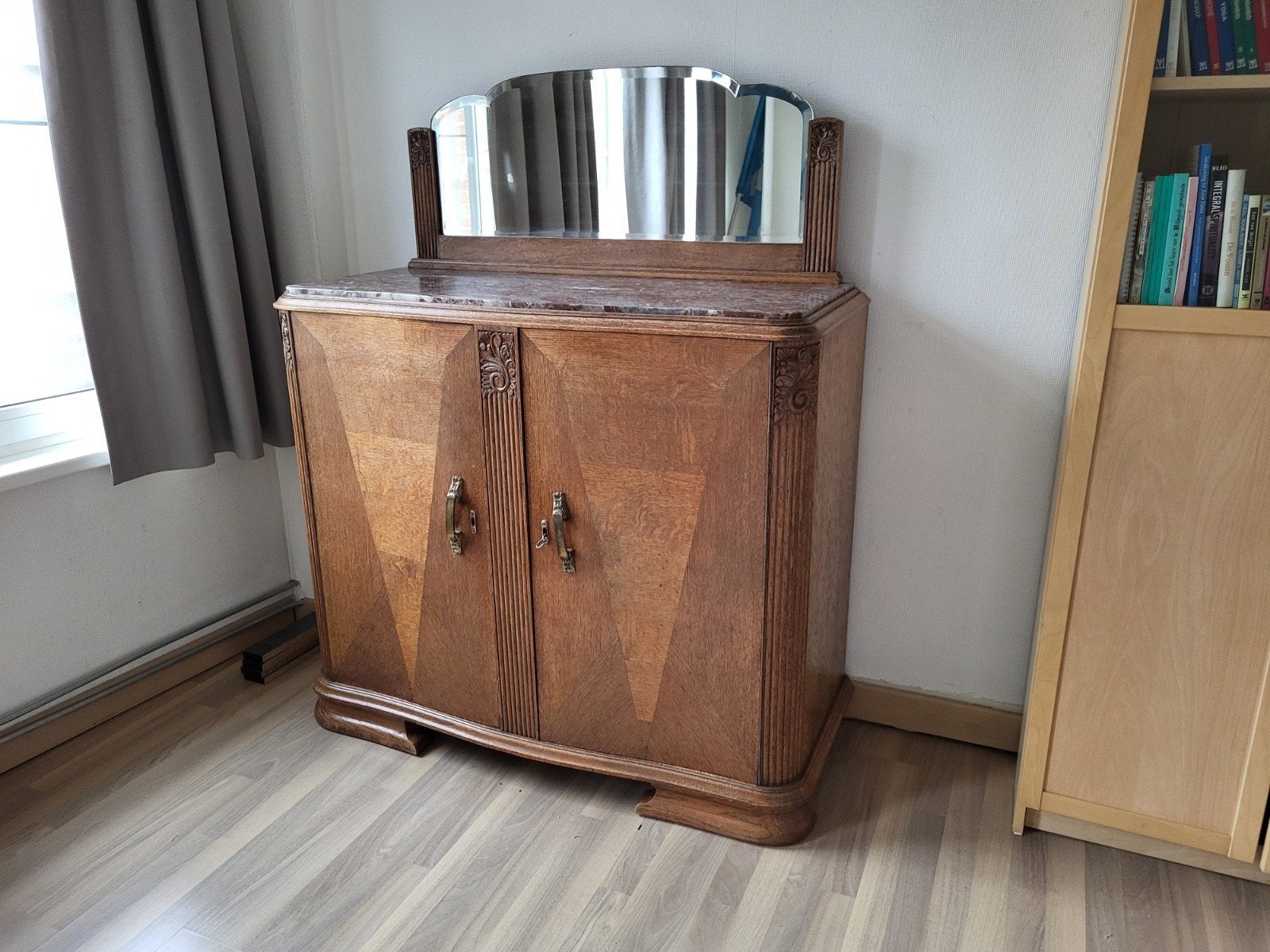 art nouveau commode met spiegel, Antiek en Kunst, Ophalen, Rechthoekig, 50 tot 100 cm, 100 tot 150 cm