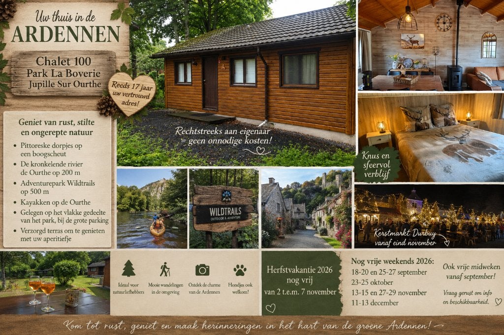 Chalet hartje Ardennen op Park La Boverie., Immo, Huizen te huur, Overige soorten, Jupille sur ourthe, Direct bij eigenaar, 2 kamers