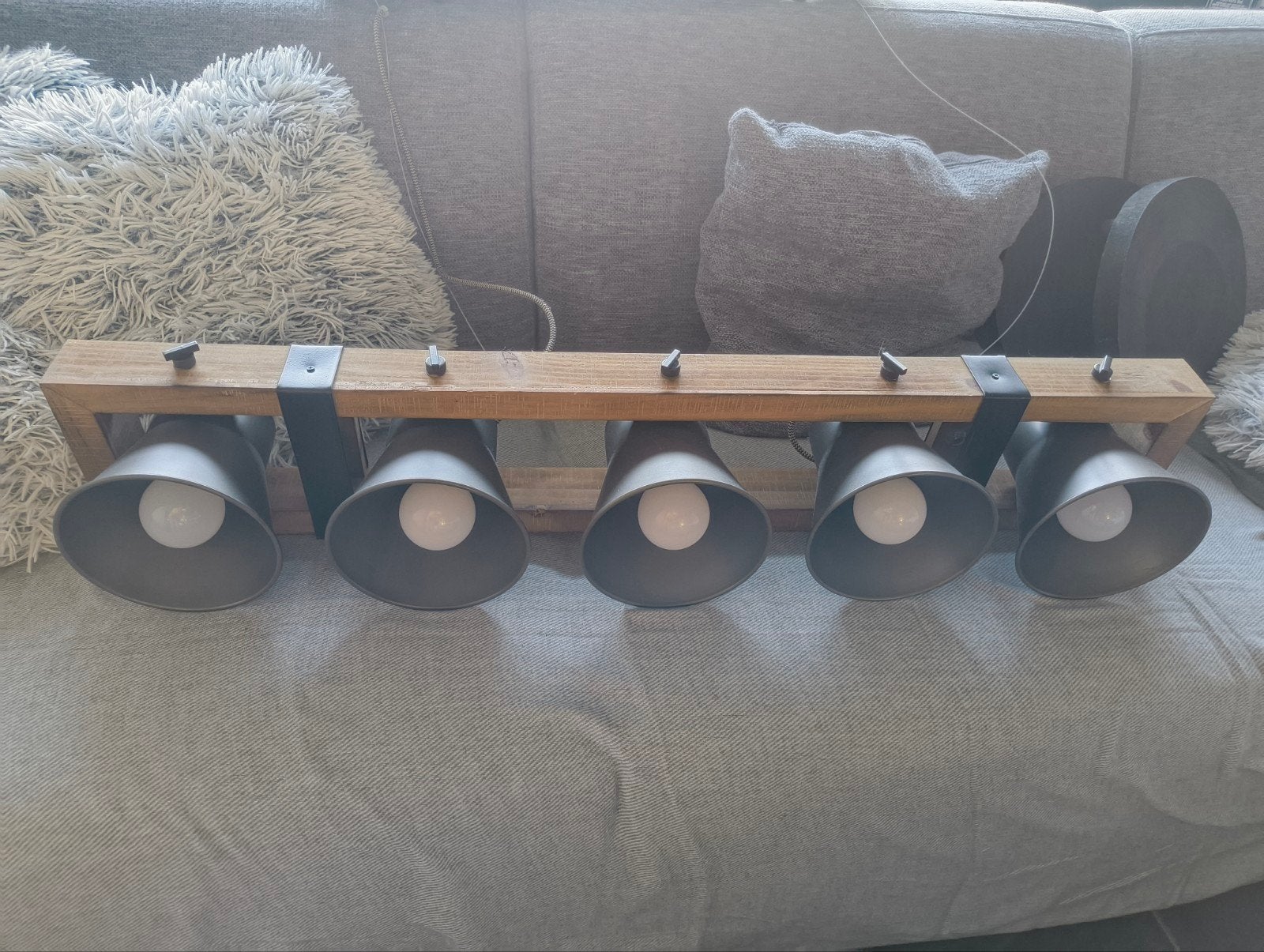 Lampe suspendue 5x E27 - À récupérer vous-même, en espèces u, Enlèvement, Bois, Industriël, E27 (grand)