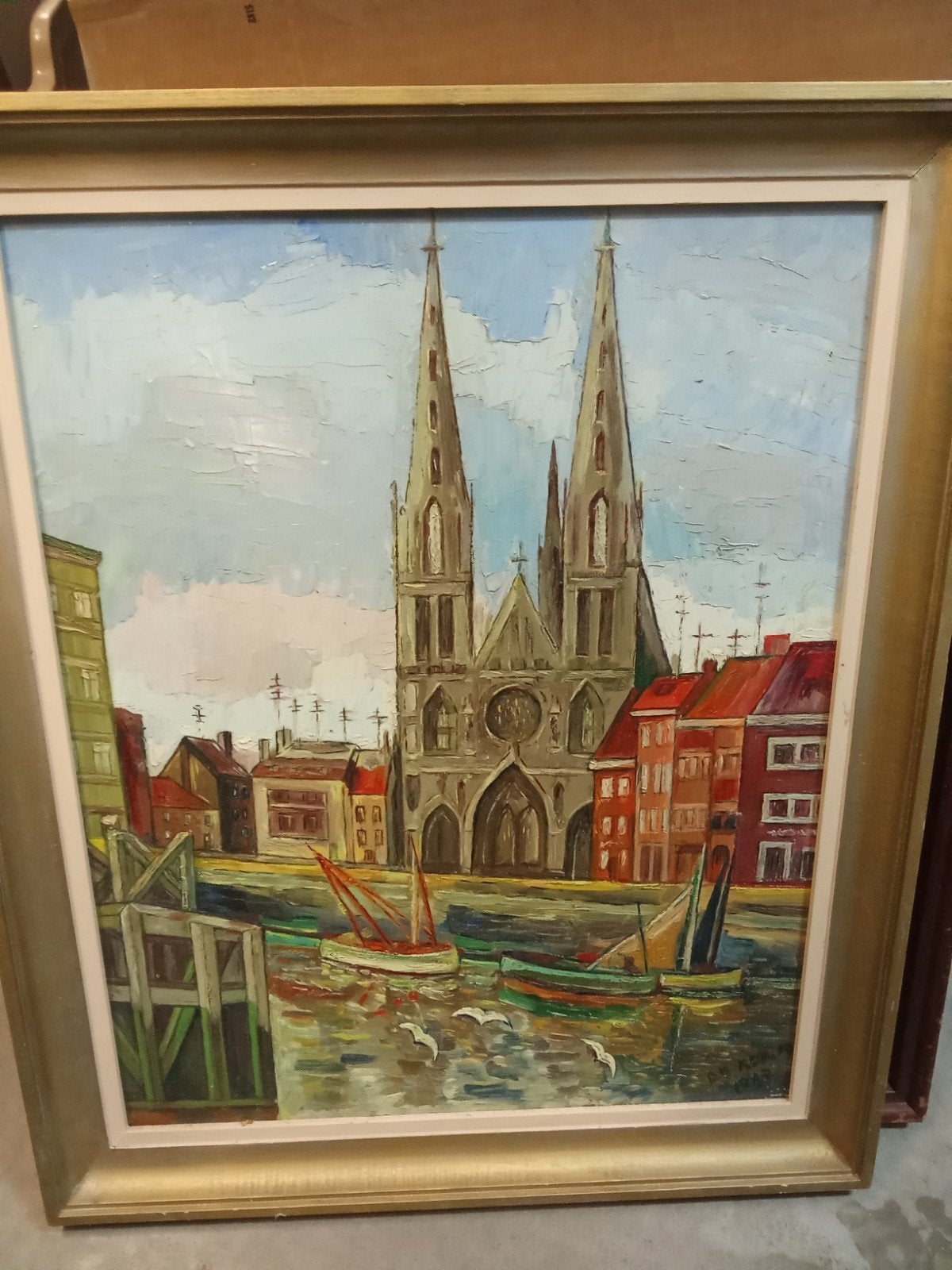 Handschilderij, Antiek en Kunst, Doek, Ophalen of Verzenden, Stads- / dorpsgezicht, Gemengde techniek