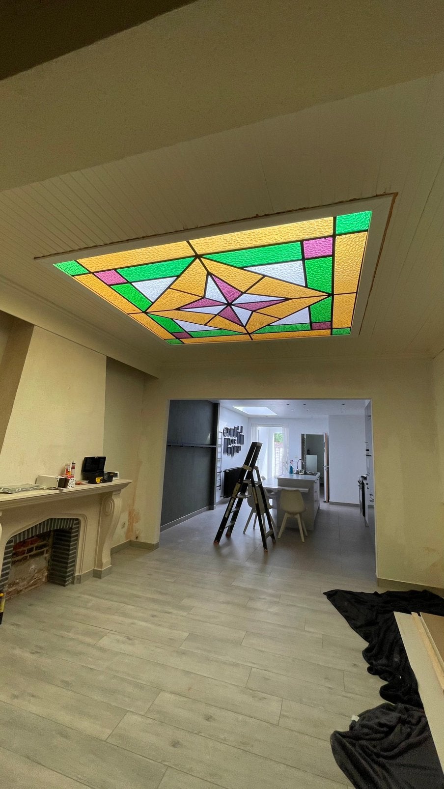 Antiek/Retro Glas in Lood Lichtplafond - 215 x 185 cm, Antiek en Kunst, Antiek | Glaswerk en Kristal, Ophalen