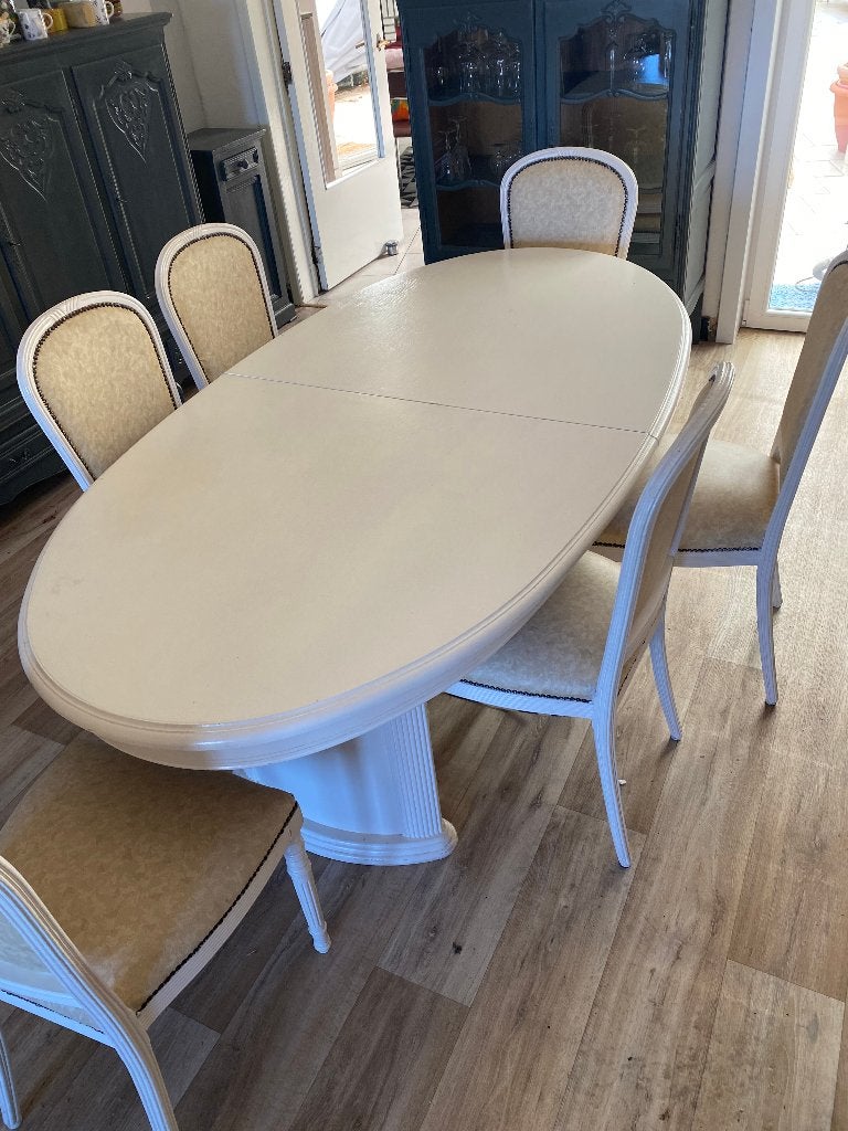 Grote eettafel + stoelen, Huis en Inrichting, Tafels | Eettafels, Ophalen, Overige materialen, Gebruikt, 100 tot 150 cm