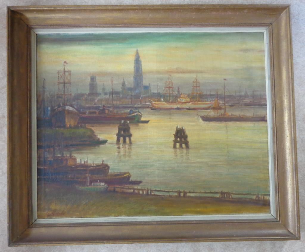 URBAIN GERLO / ZICHT OP ANTWERPEN / OLIEVERF DOEK 123x148cm, Antiek en Kunst, Ophalen