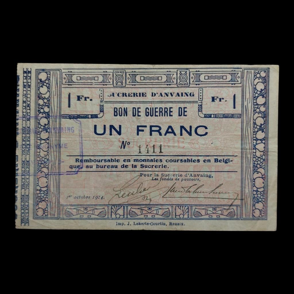 Bankbiljet / Oorlogsbon / 1 Frank / Belgie / Anvaing / 1914, Ophalen of Verzenden, Los biljet