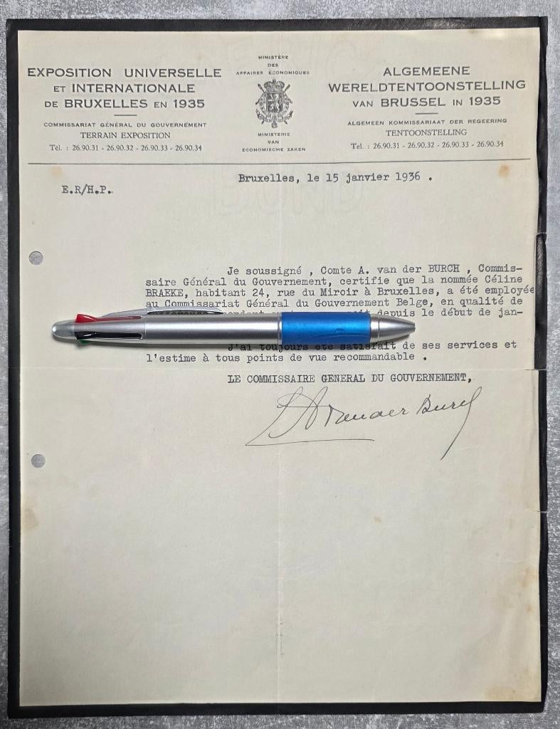 Brussel 1935+Comte van der Burch+Las+Handtekening, Ophalen, 1920 tot 1940, Ongelopen, Brussel (Gewest)
