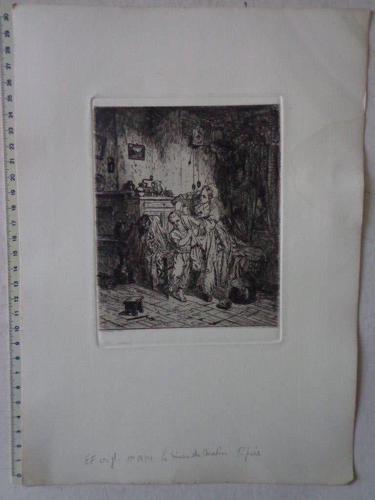 originele 19de eeuwse ets van Albert Dillens "Zondagmorgen", Dagelijks leven, 1800 - 1899, Ets, Ophalen of Verzenden
