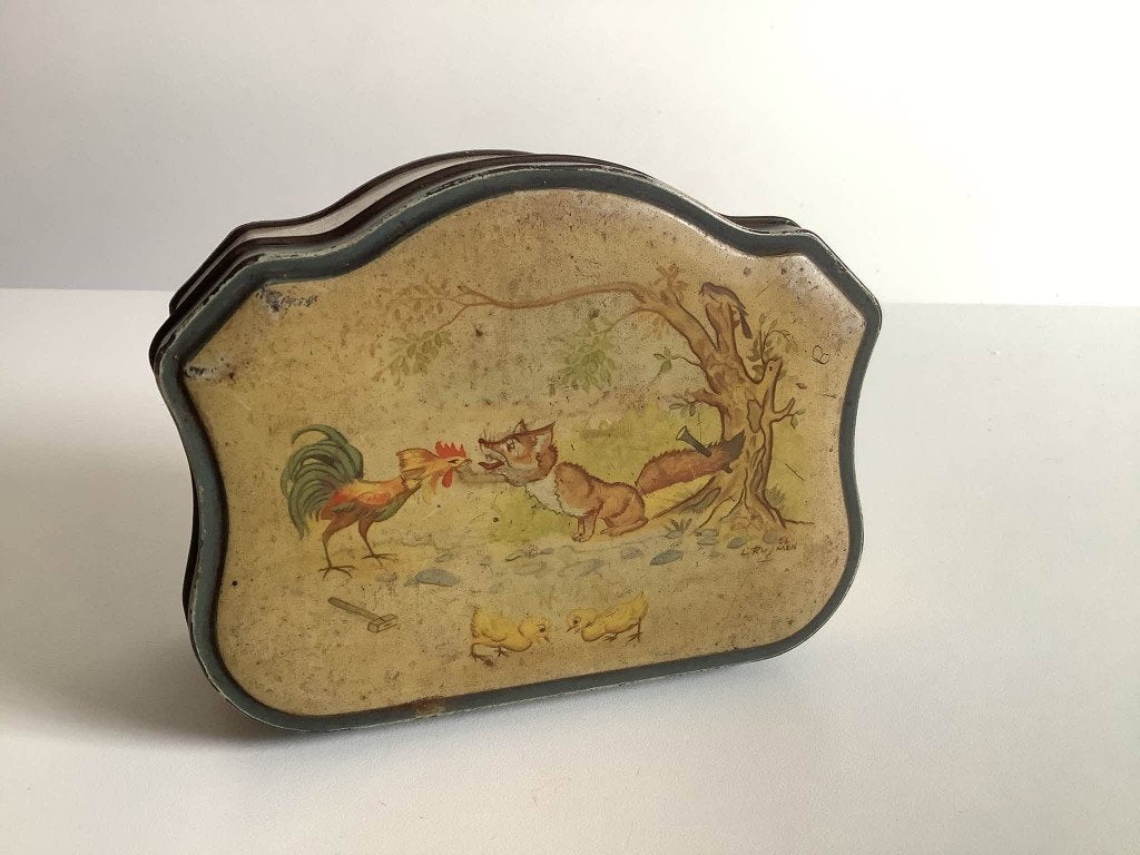 Boîte à biscuits vintage avec fable de renard et de coq, Collections, Enlèvement ou Envoi, Utilisé, Biscuits, Autres marques