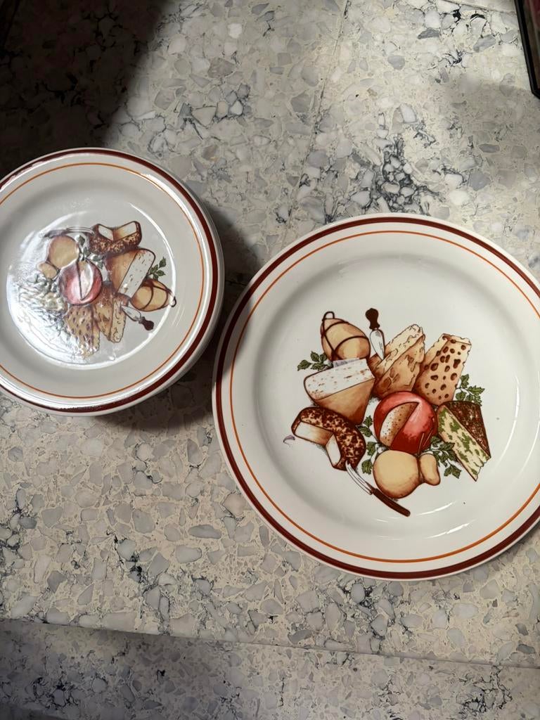 Vintage kaasschotel en 6 borden, Antiek en Kunst, Ophalen of Verzenden