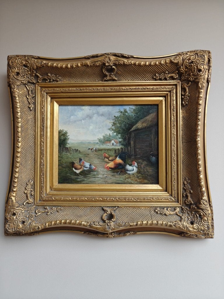 Sfeervol schilderij - Boerenerf met kippen – op paneel, Antiek en Kunst, Ophalen, Paneel, Origineel werk, Overige technieken