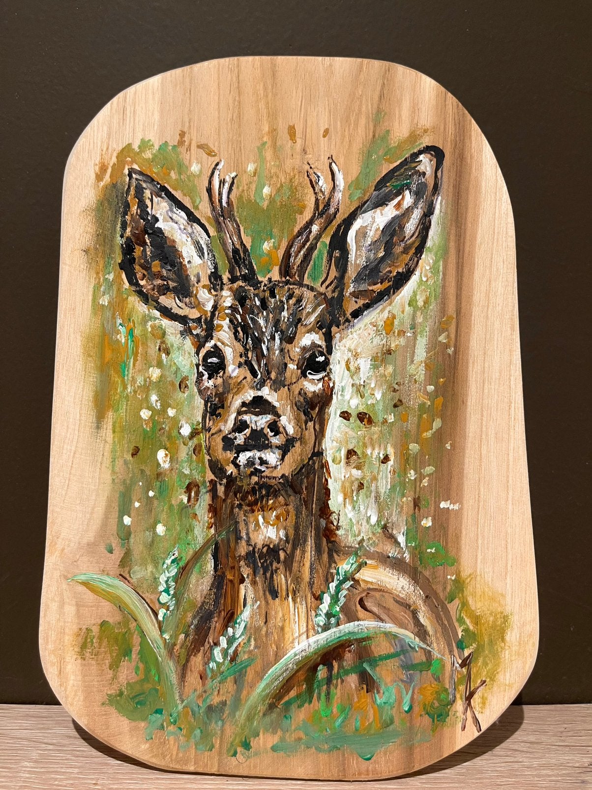 Peinture de cerf (reebok) sur planche de teck Art, Antiquités & Art, Bois, Enlèvement ou Envoi, Animaux, Peinture acrylique
