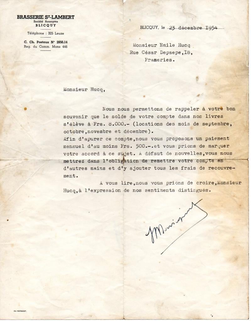 brief 1954 brouwerij Saint-Lambert Blicquy Leuze-en-Hainaut, Ophalen of Verzenden