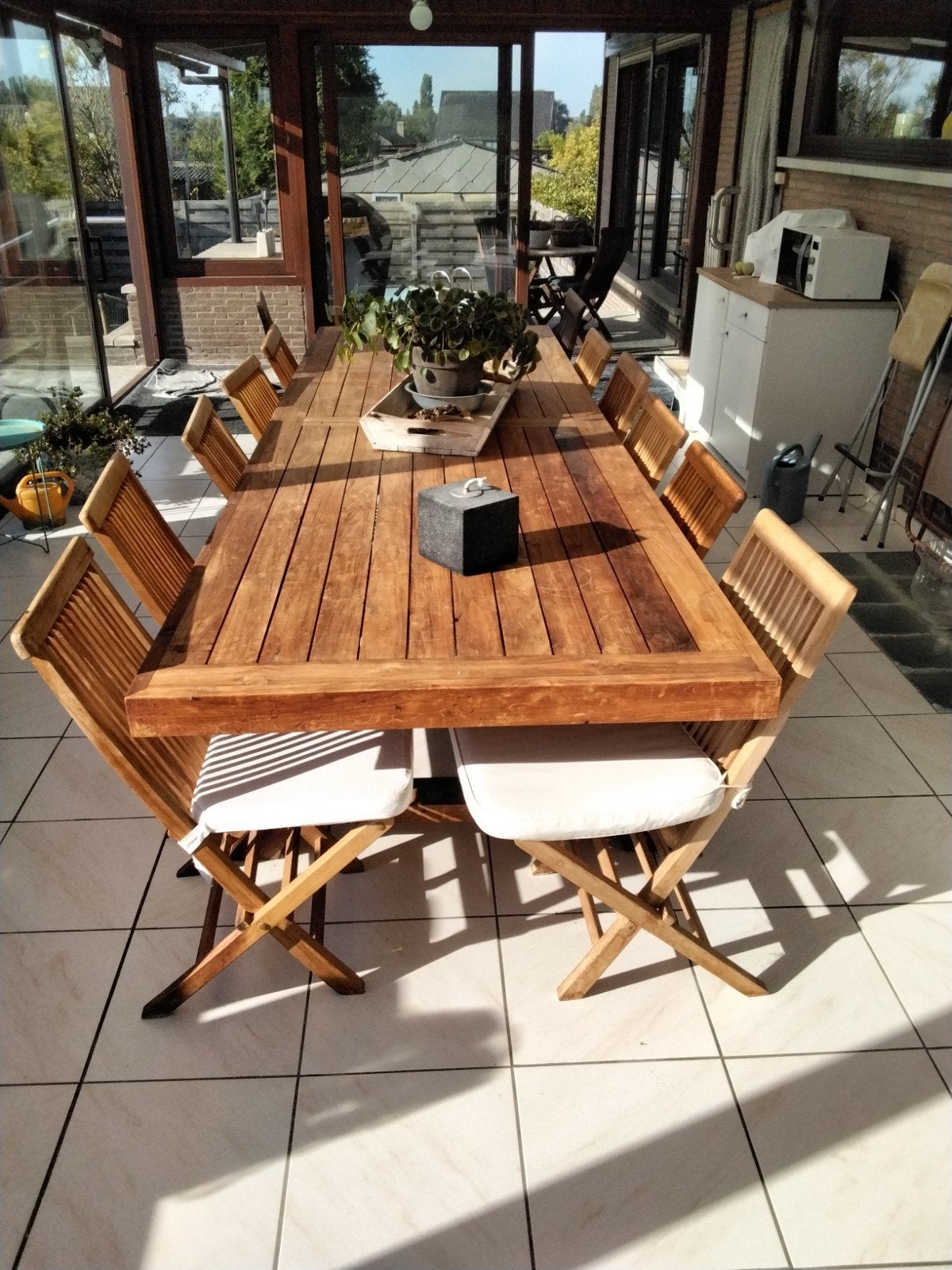 Teak tafel + 10 stoelen, Jardin & Terrasse, Enlèvement, Comme neuf, Rectangulaire, Bois