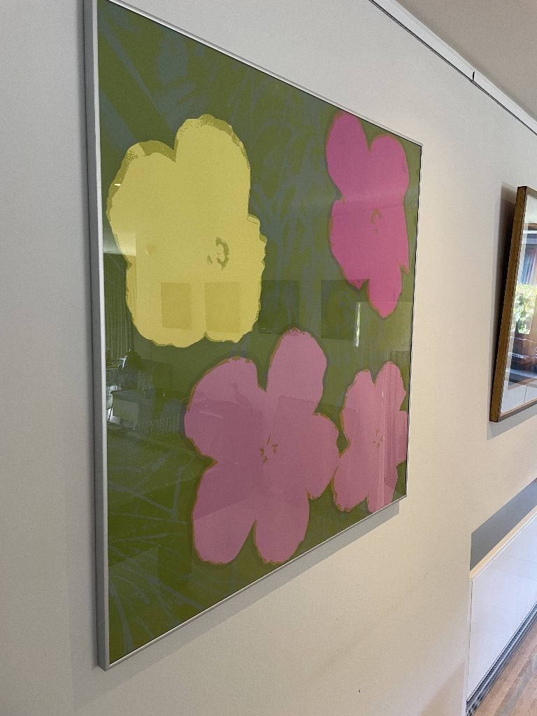 Sunday B. Morning – “Flowers” (naar Andy Warhol), zeefdruk., Antiek en Kunst, Ophalen of Verzenden, Glas, Zeefdruk, Bloemen