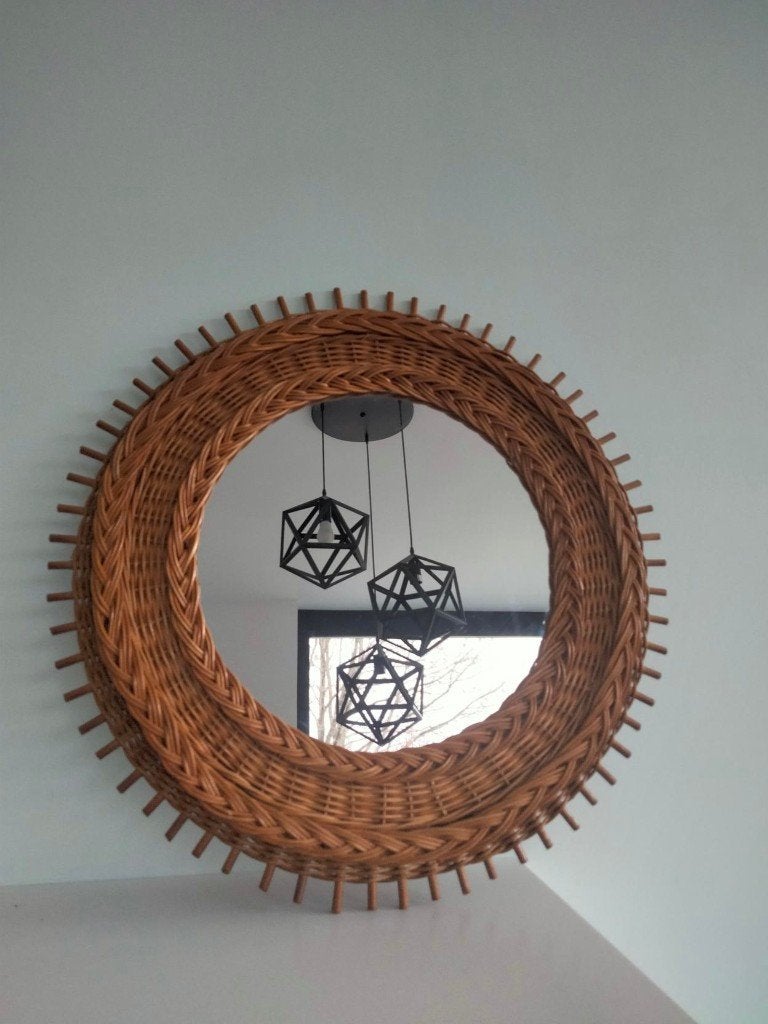 1970s vintage Boho spiegel Bohemian rond, Ophalen of Verzenden, Gebruikt, Rond, 50 tot 75 cm