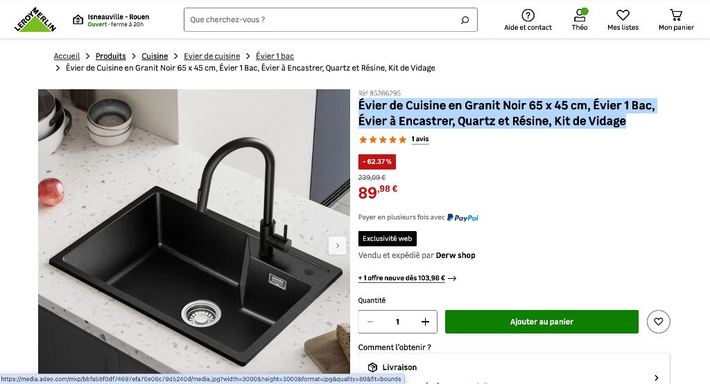 Evier noir 1 bac granit noir à encaster 65x45, Neuf, 25 à 50 cm, Moins de 100 cm, Enlèvement