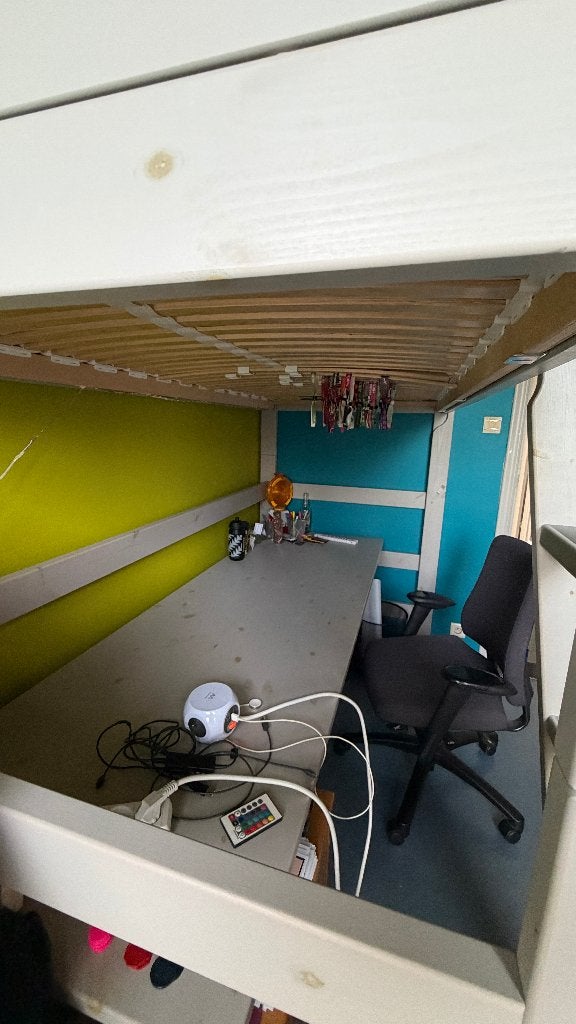 Stevige grenen hoogslaper met schuine trap, ruim bureau, Ophalen, Hoogslaper, Eenpersoons, 210 cm