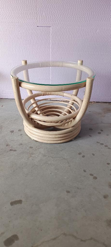 vintage rotan salontafel glazen tafelblad, Enlèvement, Comme neuf, Verre