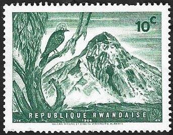 1 Postzegel Vogel en vulkanen Rwanda 1966, Ophalen of Verzenden, Postfris, Dier of Natuur