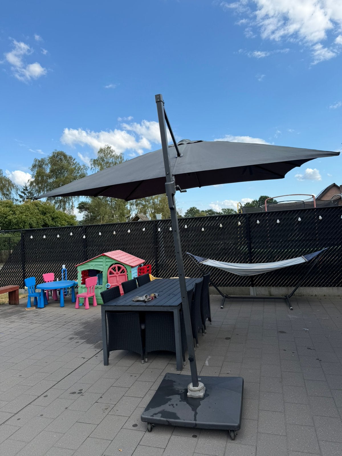 Zweefparasol 3x3 m met verrijdbare voet – Zeer goede staat, Ophalen, Zo goed als nieuw, Zweefparasol