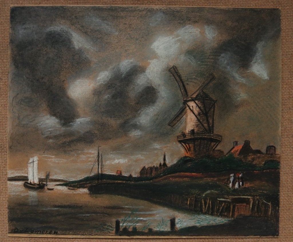 Pastel molen aan de rivier naar Ruisdael - D. v. Zomeren, Antiquités & Art, Enlèvement, Dessin, Dessin au pastel, Signé