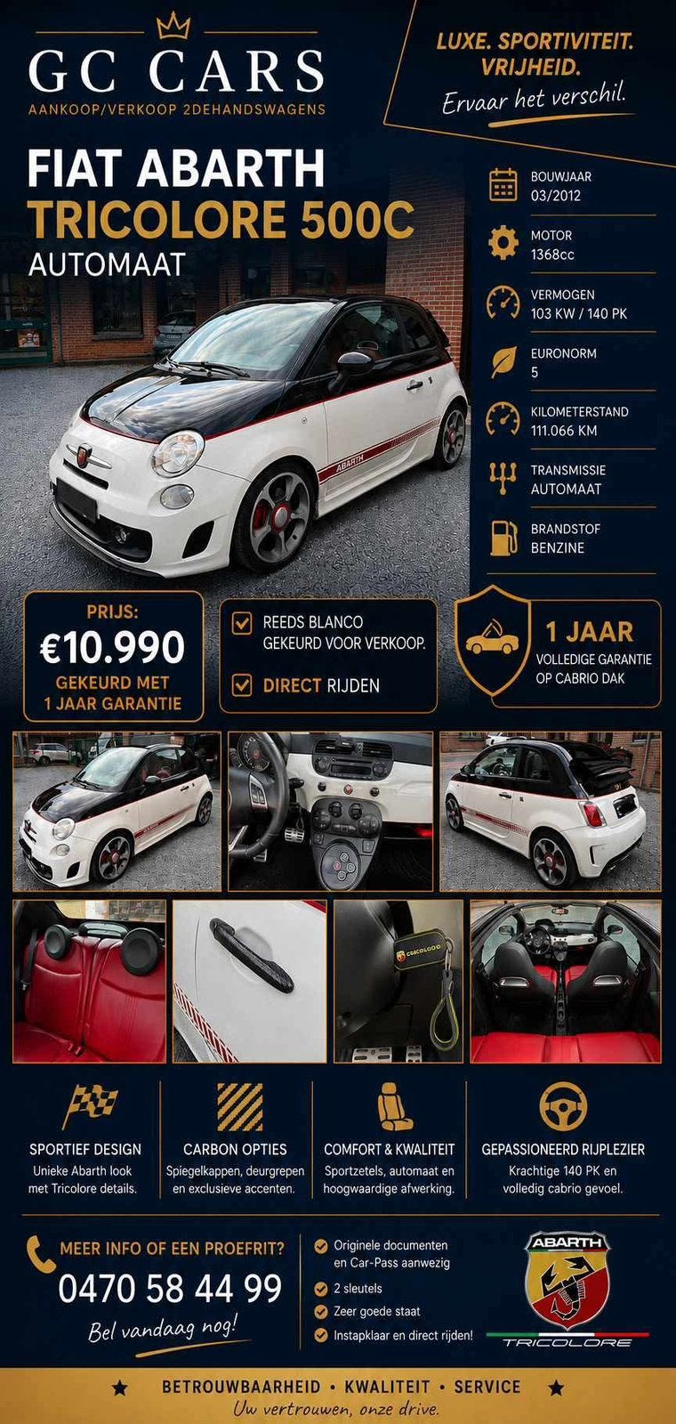 Fiat Abarth tricolore 500c, Auto's, Abarth, Cabriolet, Leder, 1368 cc, 103 kW