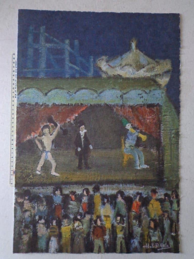 litho in talrijke kleuren van Hubert De Vries Circus, Antiek en Kunst, Kunst | Litho's en Zeefdrukken, Gesigneerd, Ophalen of Verzenden