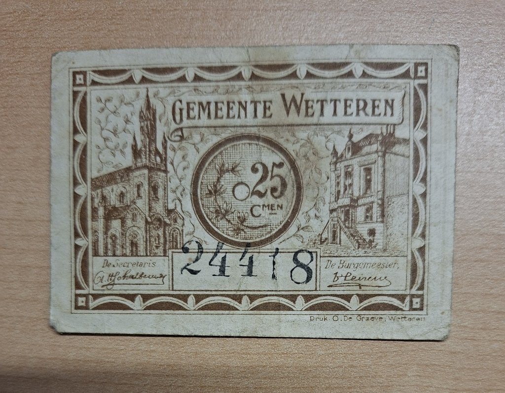 25 CENTIEMEN 1918    WETTEREN, Ophalen of Verzenden, Los biljet