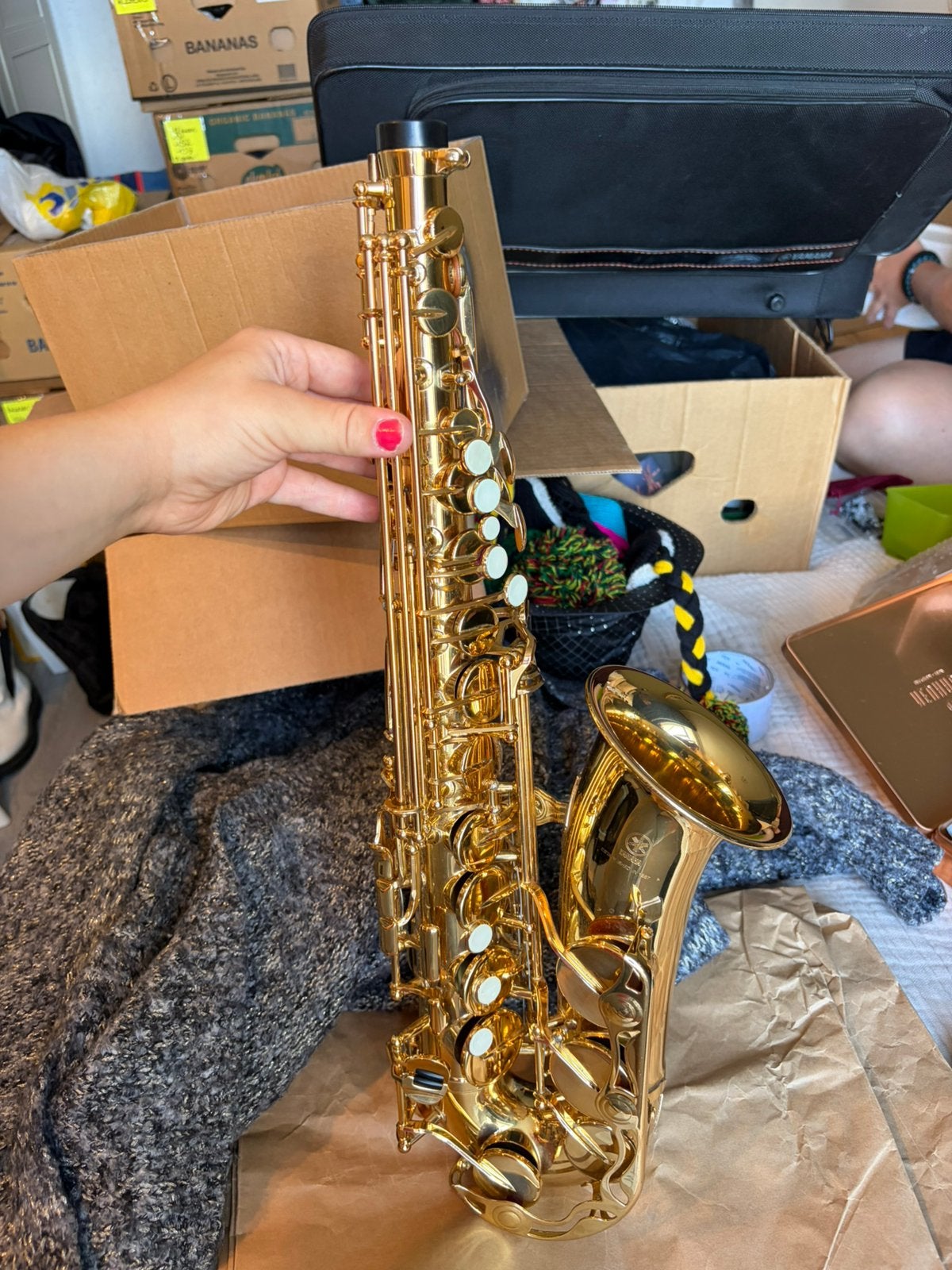 Saxophone alto doré + étui, bec et accessoires, Musique & Instruments, Instruments à vent | Saxophones, Enlèvement, Utilisé, Alto