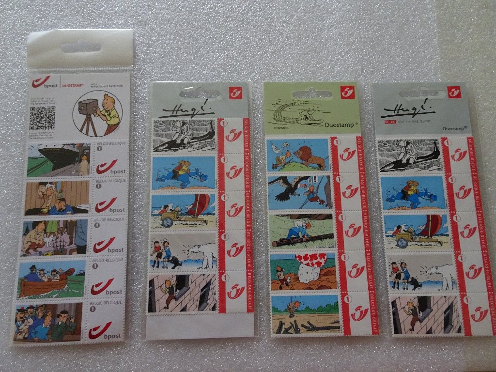 4 Pochettes de 5 timbres (1) Tintin - Hergé, Collections, Enlèvement ou Envoi, Tintin, Neuf, Image, Affiche ou Autocollant