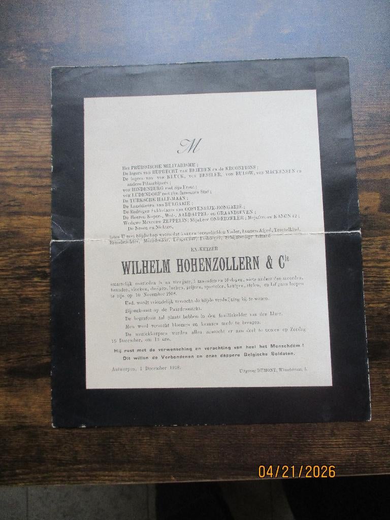 Première Guerre mondiale : Nécrologie de Kaiser. Humour, Envoi