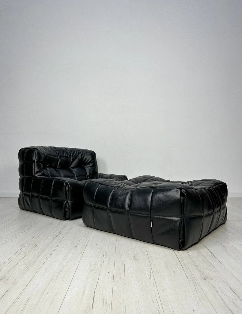 Ligne Roset Kashima fauteuil + XL hocker zwart leer Ducaroy, Ophalen