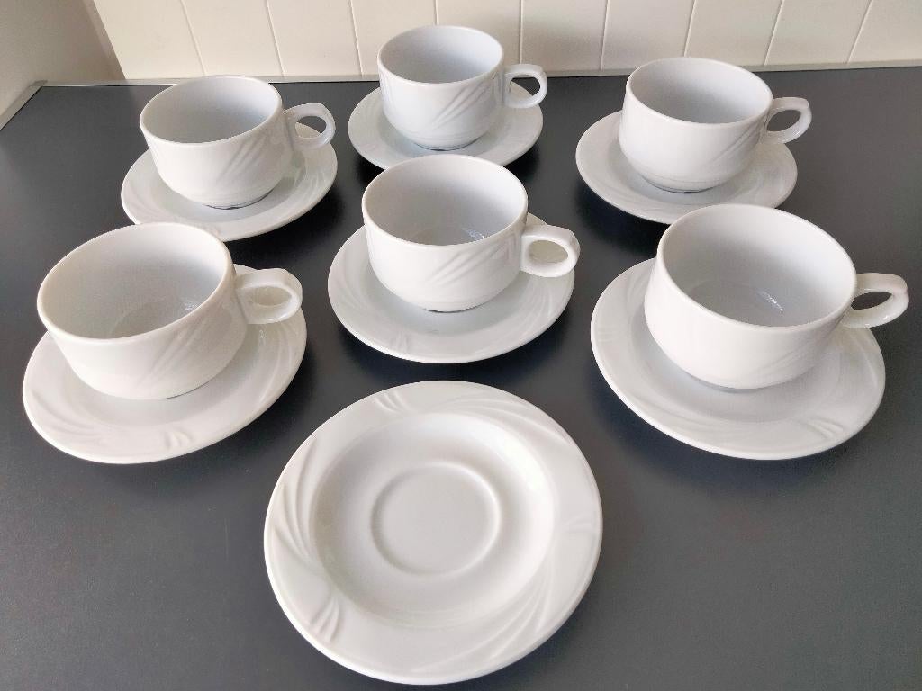 6 prachtige kopjes+7 witte „LUBIANA” schoteltjes, Ophalen, Keramiek, Zo goed als nieuw, Overige stijlen
