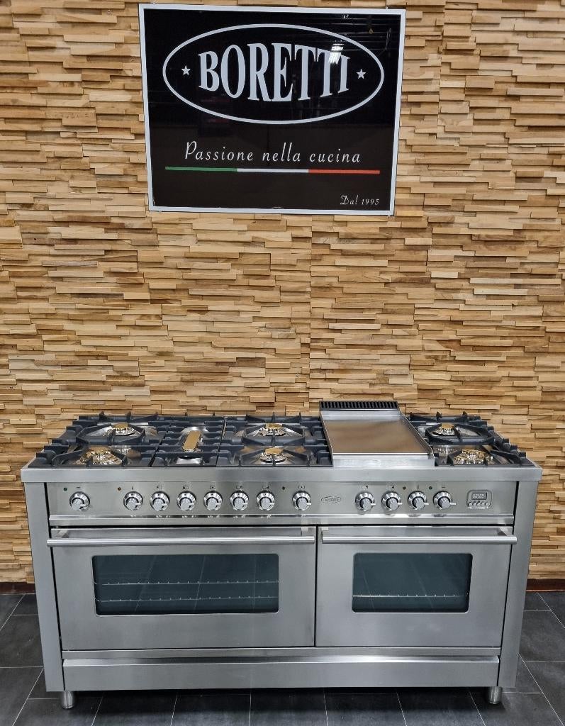 Luxe Boretti Fornuis 150cm rvs 8 pits Frytop 2 ovens, Ophalen, 60 cm of meer, Zo goed als nieuw, Energieklasse A of zuiniger