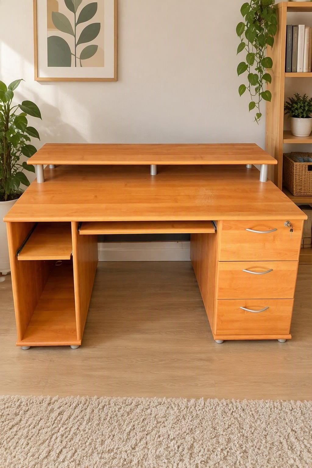 Bureau in beukenkleur met monitorplank en ladeblok, Huis en Inrichting, Ophalen, Gebruikt, 140 cm, Computerbureau