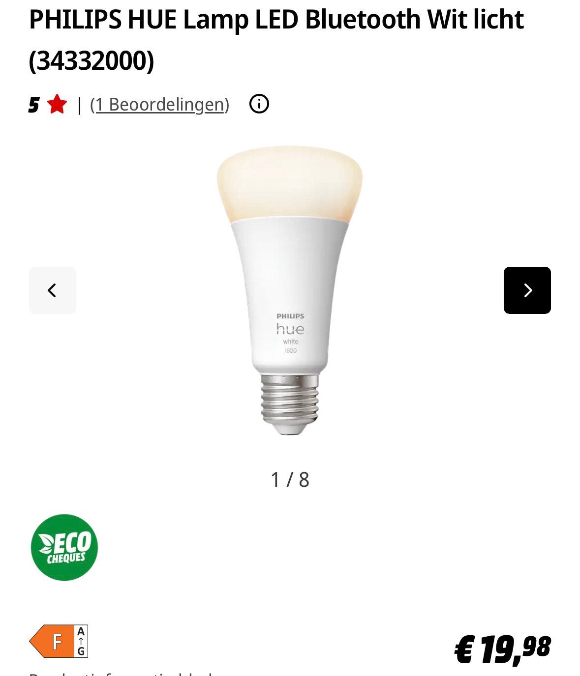 1x Philips Hue White E27, Huis en Inrichting, Lampen | Losse lampen, Ophalen of Verzenden, Zo goed als nieuw, Philips